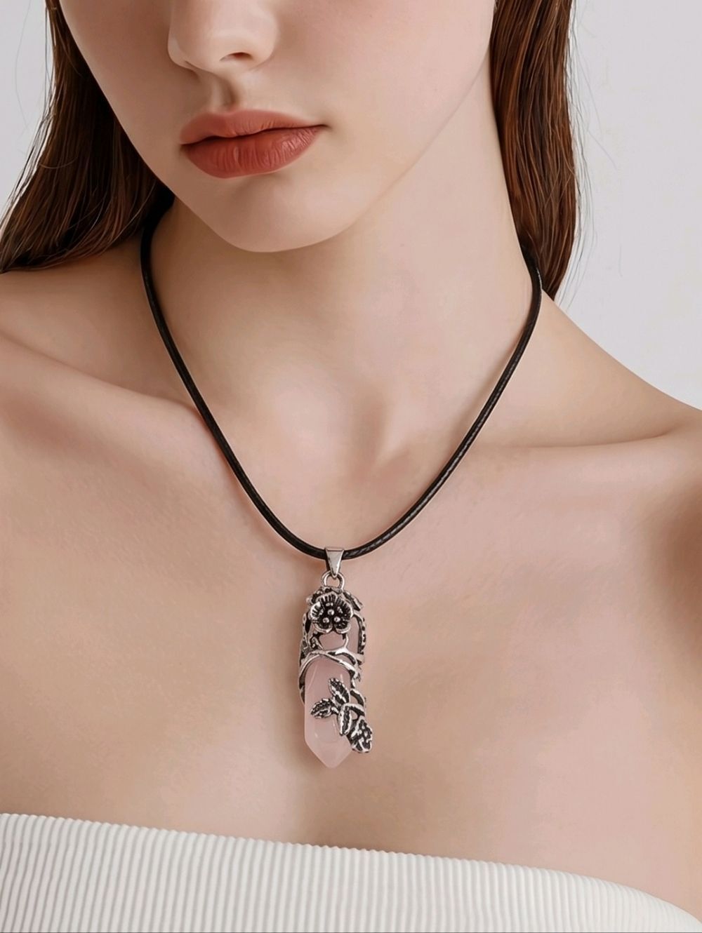 Rose Quartz Crystal Necklace Pink Point Pendant Floral Wrap Dreamy Soft Girl Era
